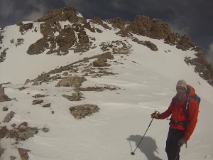 The Southwest Couloir in stellar conditions for a winter ski descent.