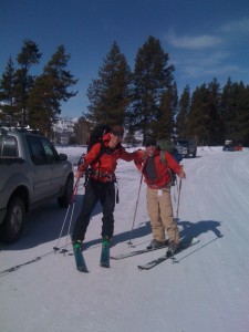 Exum guide, Aaron Dahill with me as we head for Mt. Moran, (last trip on the Rossi Scratch skis).